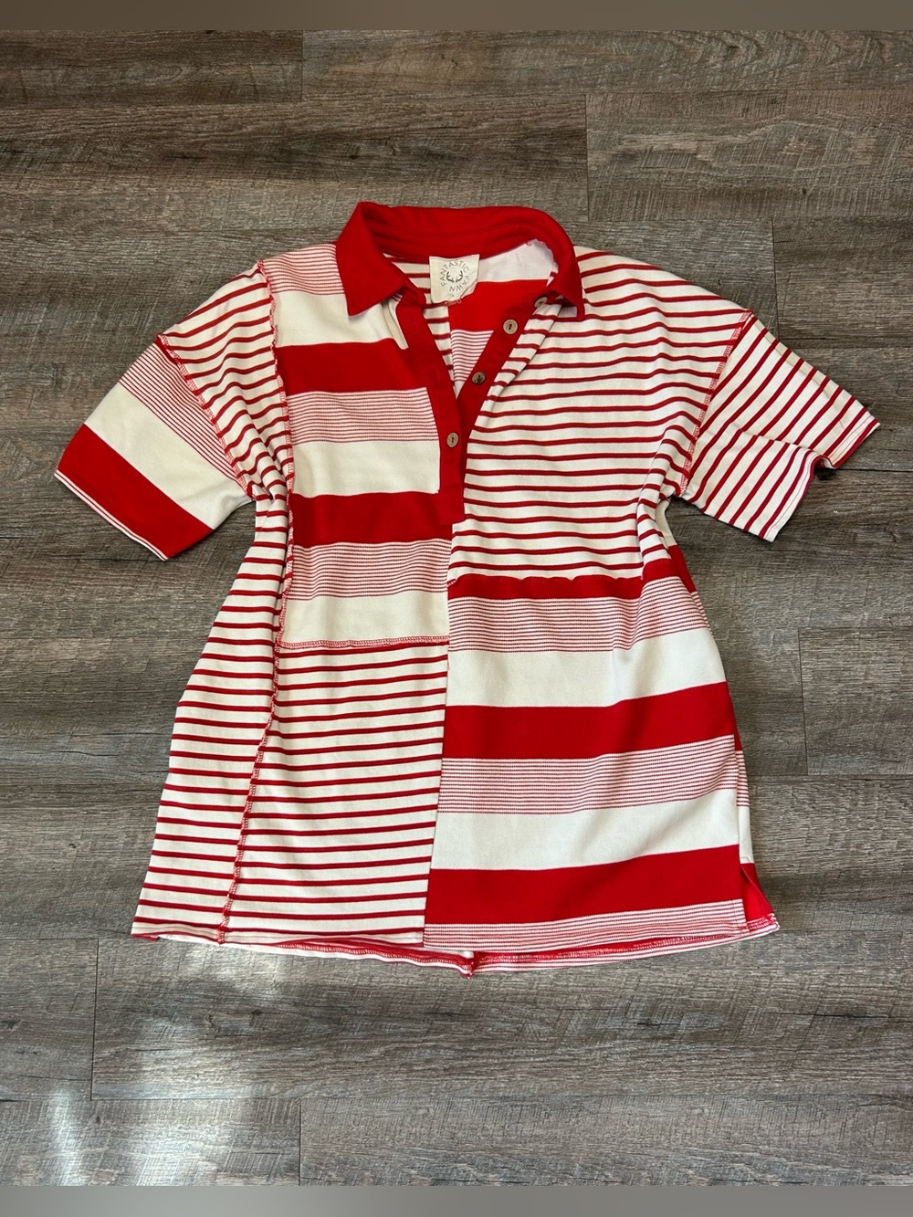 Fantastic Fawn Red/White Striped Short Sleeve Polo Mini Dress| Size L